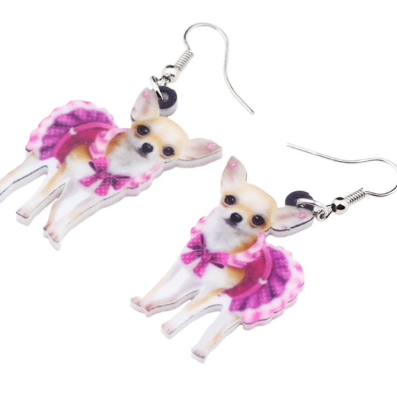 Acrylic Pink Dress Chihuahua Dog Earrings - Picture 3 of 5